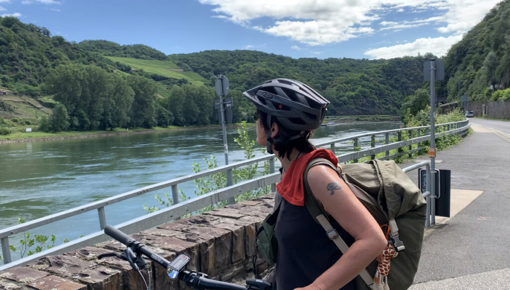 blick vom radweg zum loreley felsen am rhein
